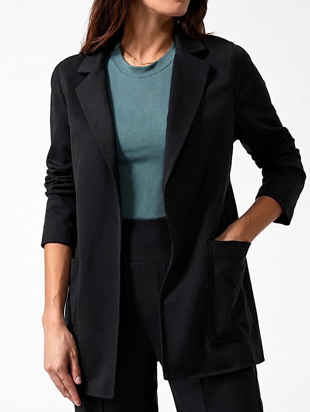 Athleta Eastbound Black Blazer Jacket 14 Ponte Open Front pockets Work casual